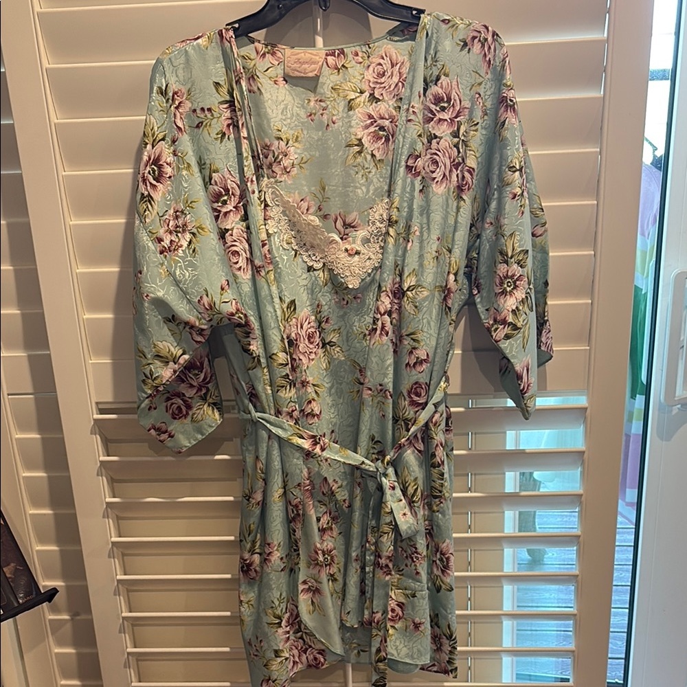 Floral Kimono Robe and spaghetti strap gown by Angelique